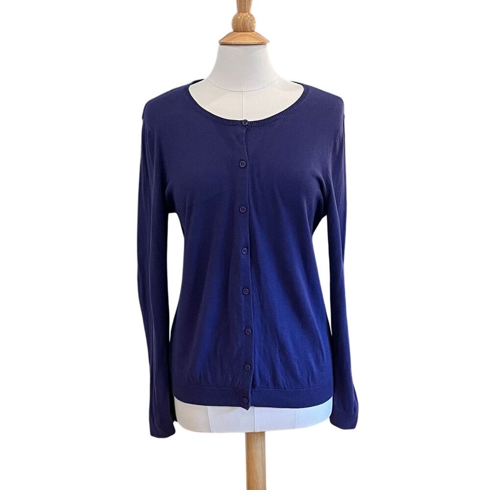 Ann Taylor Dark Purple Round Neck Cardigan Sweater, Minimalist, Casual, Size XL